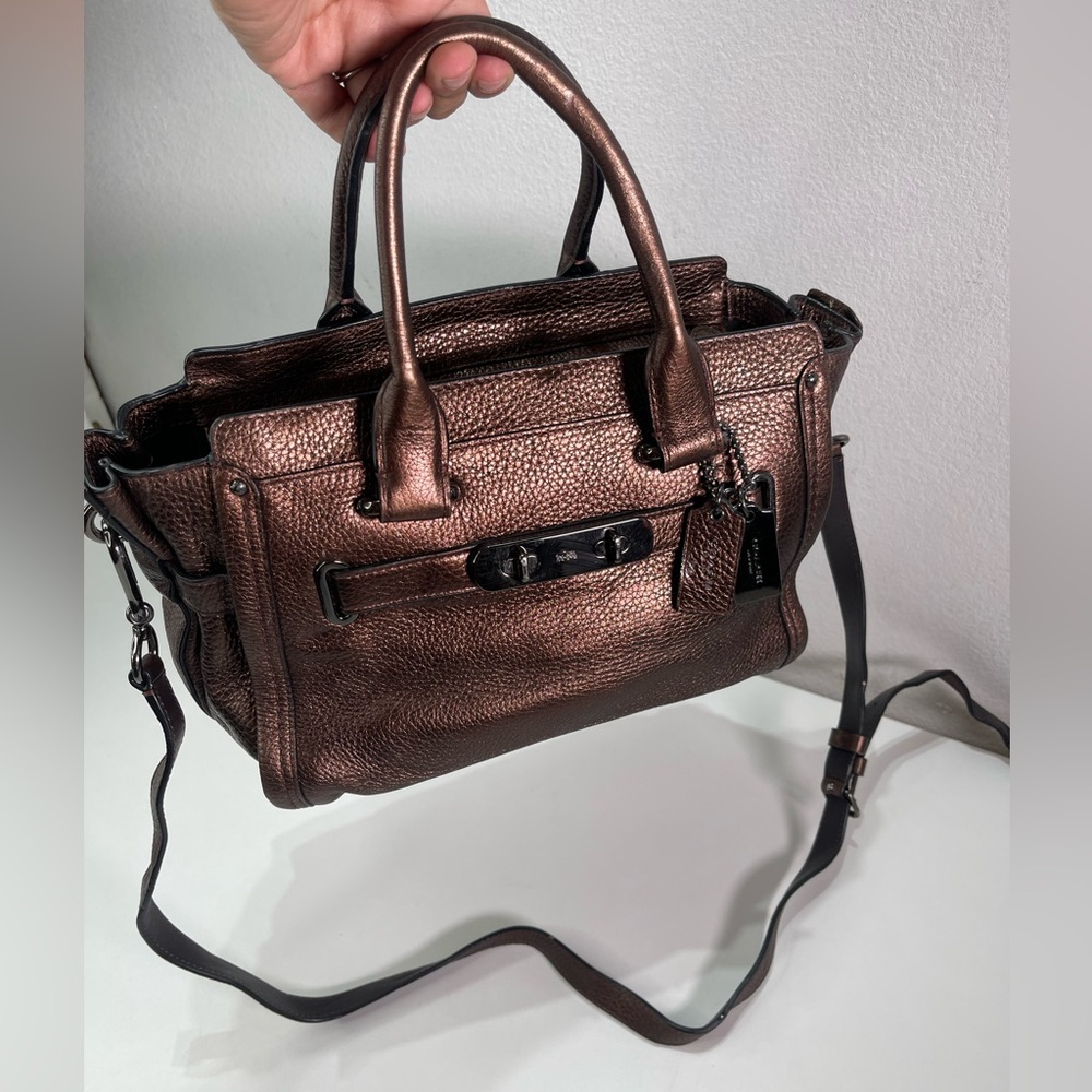 Coach Swagger Satchel Pebbled Leather Double Charm Tags Bronze Strap Hardware